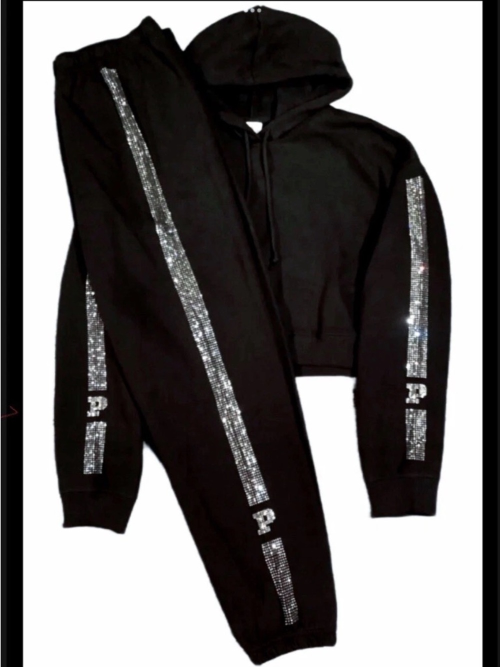 Victoria Secret Pink Black Hoodie & Jogger Set with Silver Rhinestone Stripes